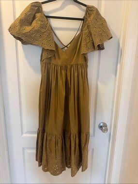 En Saison Olive Eyelet Flutter-Sleeve Dress